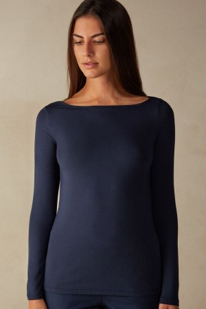 Intimissimi Bateau Neck In Micromodal Donna Maniche Lunghe Blu | 982-EMZNJI