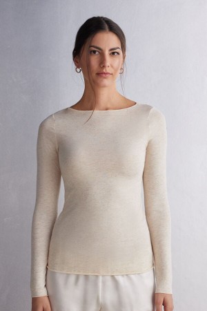 Intimissimi Crewneck In Modal Light With Cashmere Lamé Donna Maglia Crema Bianche | 413-UMEYIO