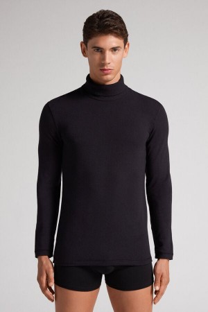 Intimissimi High-Neck Modal-Cashmere Uomo Maniche Lunghe Nere | 853-EZSULI