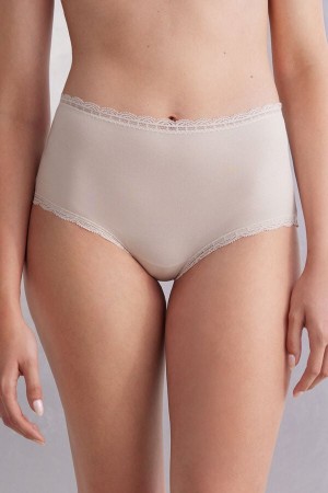 Intimissimi High Rise Cotton And Lace Hipsters Donna Slip Crema Rosa | 594-MJESVW