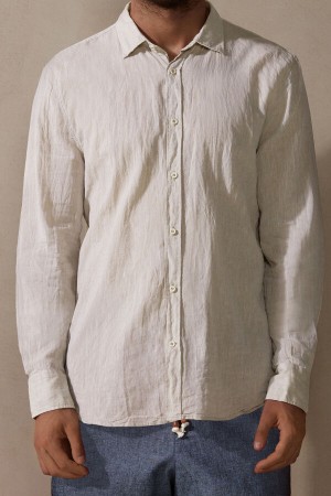 Intimissimi Linen And Cotton Uomo Camicia Beige Bianche | 476-ZMHFDK