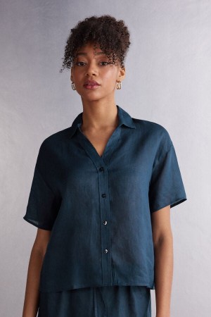 Intimissimi Linen Cloth Donna Short Sleeve Blu | 327-CQXABT