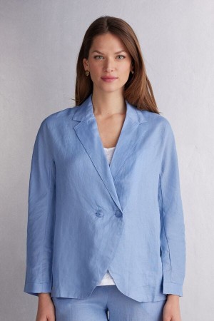 Intimissimi Linen Cloth Double Breasted Donna Giacca Blu | 915-QXJUGS