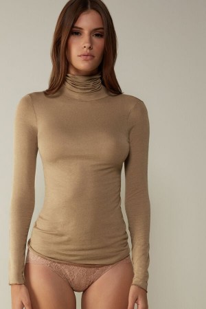 Intimissimi Modal Cashmere Ultralight High-Neck Donna Maniche Lunghe Marroni | 217-PMVFAE