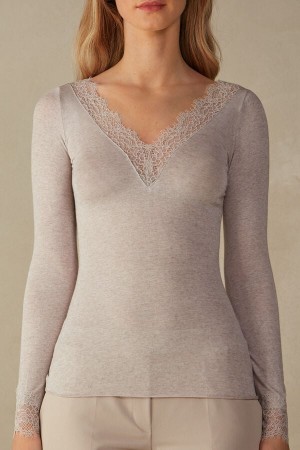 Intimissimi Modal Cashmere Ultralight Long Lace Donna Camicia Beige | 360-SXOTFZ