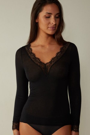 Intimissimi Modal Cashmere Ultralight Long Lace Donna Camicia Nere | 945-YAPGHC