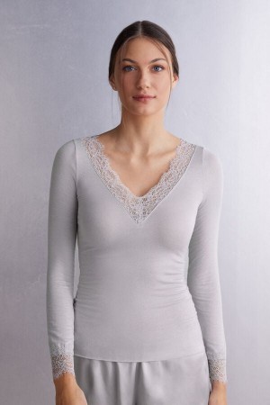 Intimissimi Modal Cashmere Ultralight Long Lace Donna Camicia Grigie | 071-PLGCBO