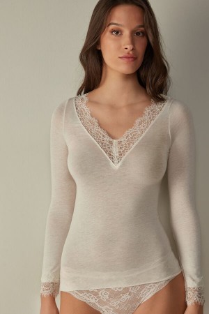 Intimissimi Modal Cashmere Ultralight Long Lace Donna Camicia Gialle Chiaro | 976-YZECRU