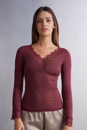 Intimissimi Modal Cashmere Ultralight Long Lace Donna Camicia Rosse | 629-TMARDN