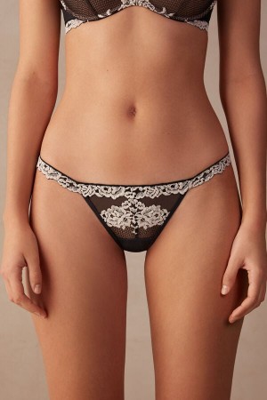 Intimissimi Pretty Flowers String Donna Perizoma Nere Bianche | 135-GZLRPY