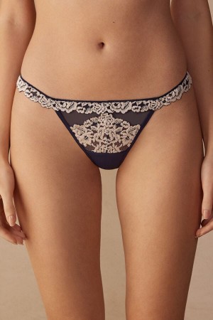 Intimissimi Pretty Flowers String Donna Perizoma Blu Profondo Gialle Chiaro | 216-PJBHIU