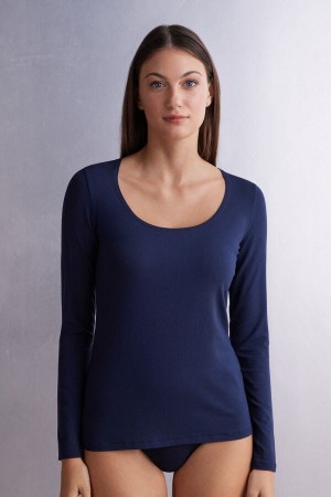 Intimissimi Scoop Neck In Micro-Modal Donna Maniche Lunghe Blu | 143-TXYSLG