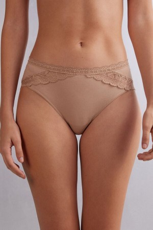 Intimissimi Semi-High Rise Cotton And Lace Donna Slip Arancioni Beige | 164-AXMPHV