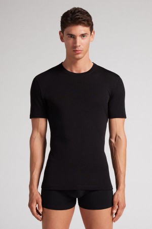 Intimissimi Stretch Merino Wool Short-Sleeve Uomo Maglietta Nere | 264-ONKBQG