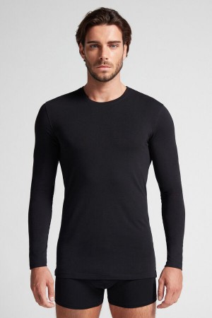 Intimissimi Stretch Superior Cotton Uomo Maniche Lunghe Nere | 497-SRBZTU