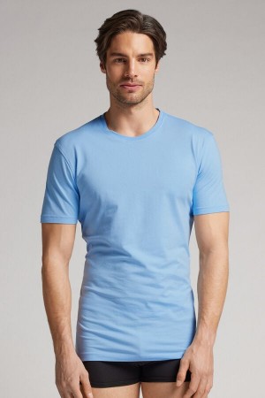 Intimissimi Stretch Superior Cotton Uomo Maglietta Blu Chiaro | 263-GYRTLX