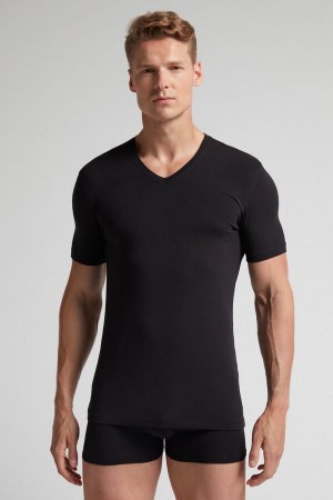 Intimissimi Stretch Superior Cotton V-Neck Uomo Maglietta Nere | 917-YRBODJ