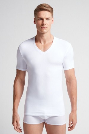 Intimissimi Stretch Superior Cotton V-Neck Uomo Maglietta Bianche | 540-HSIKMO