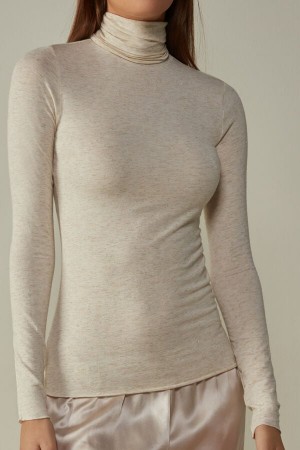 Intimissimi Turtleneck In Modal Light With Cashmere Lamé Donna Maniche Lunghe Crema Bianche | 518-TOMHWX