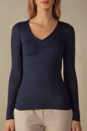 Intimissimi V-Neck Top In Modal Ultralight With Cashmere Donna Maniche Lunghe Blu | 158-VBAGEZ