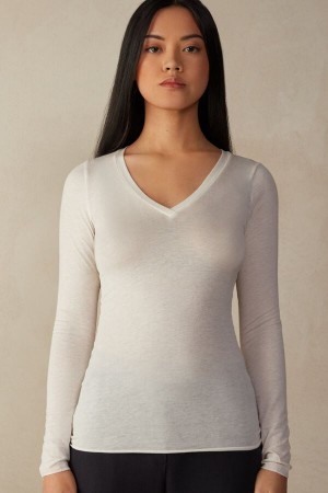 Intimissimi V-Neck Top In Modal Ultralight With Cashmere Donna Maniche Lunghe Gialle Chiaro | 495-ATCQLB