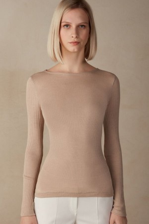 Intimissimi Wide Neck Wool And Silk Donna Maglia Beige | 781-MSZTJR