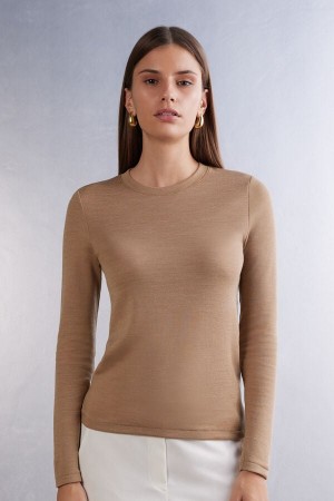 Intimissimi Wool Cotton Crewneck Donna Maglia Marroni | 825-TMDNYG