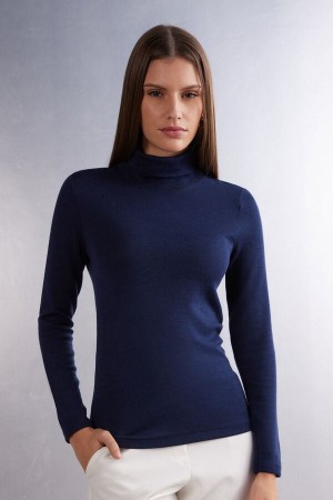 Intimissimi Wool Cotton High Collar Donna Maniche Lunghe Blu | 217-WYJRCM