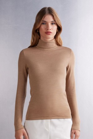 Intimissimi Wool Cotton High Collar Donna Maniche Lunghe Marroni | 937-HUFGJB