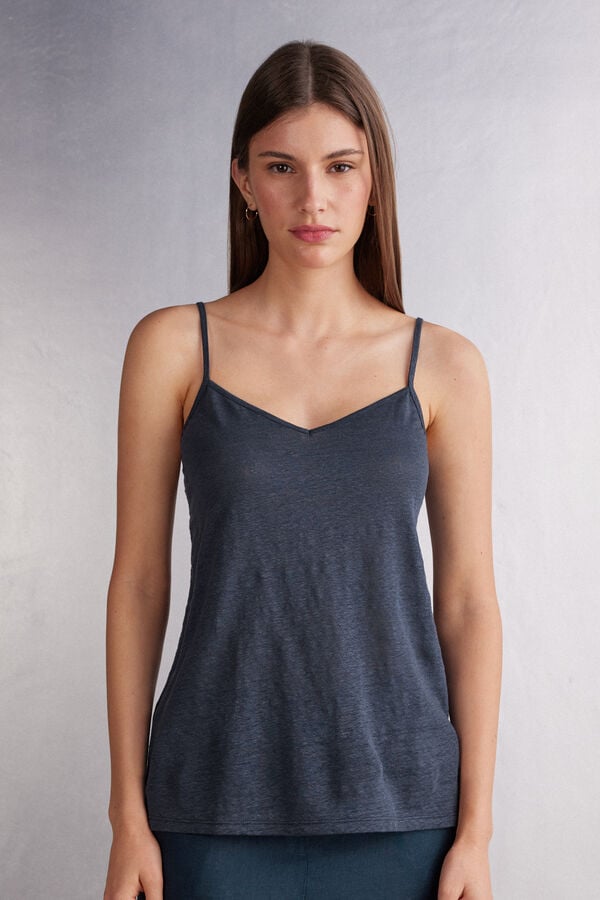 Intimissimi Linen V-Neck Donna Canotta Blu | 730-BAILFZ