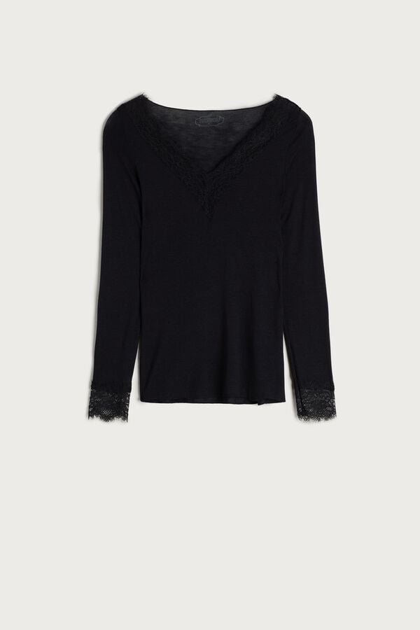 Intimissimi Modal Cashmere Ultralight Long Lace Donna Camicia Nere | 945-YAPGHC