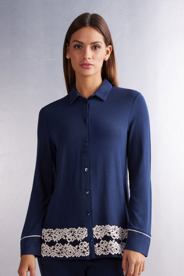 Intimissimi Pretty Flowers Button Up In Modal Donna Camicia Blu Profondo Gialle Chiaro | 615-ZGDQFP