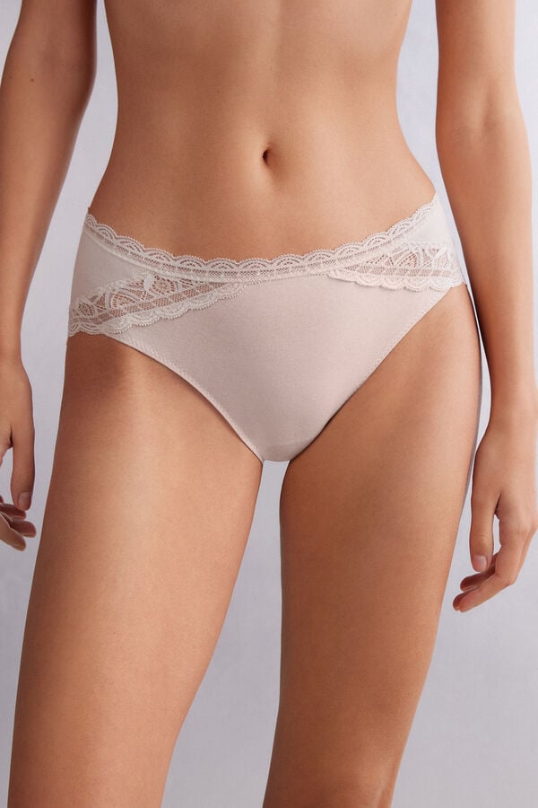 Intimissimi Semi-High Rise Cotton And Lace Donna Slip Crema Rosa | 271-NUZMSI