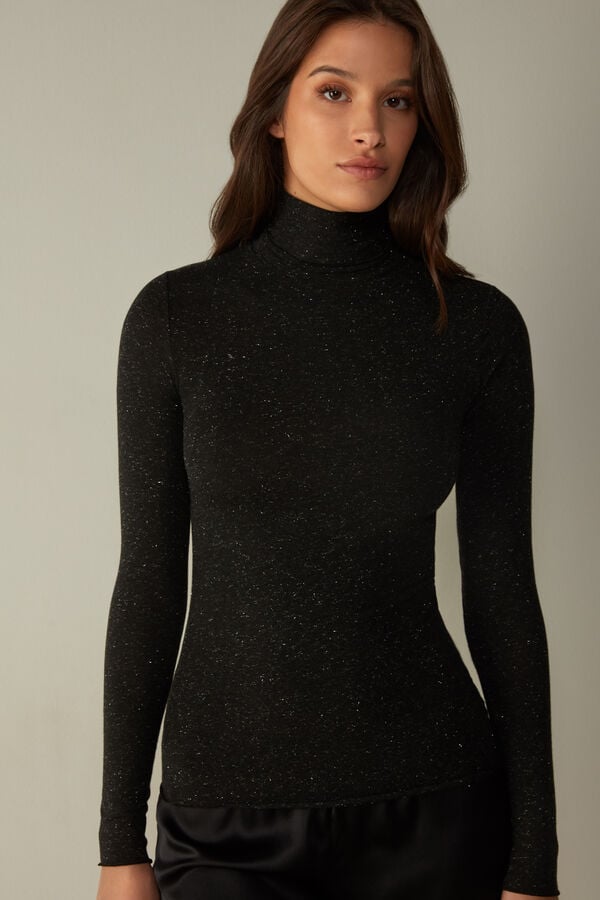 Intimissimi Turtleneck In Modal Light With Cashmere Lamé Donna Maniche Lunghe Nere | 504-KLYBWF